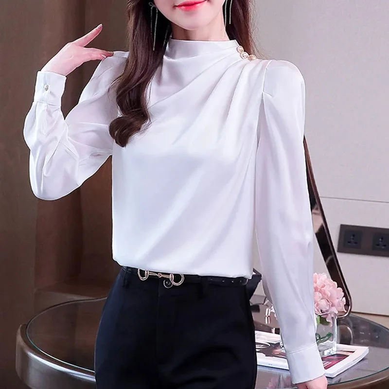 Новая женская блузка с длинным рукавом и воротником-стойкой белая шифоновая