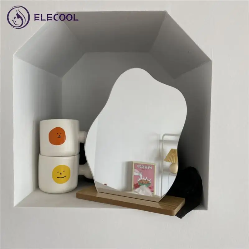 

Simple Irregular Mirror Home Desktop Makeup Mirror Acrylic Decoration Standing Mirrors Wooden Base Cosmetic de maquillaje