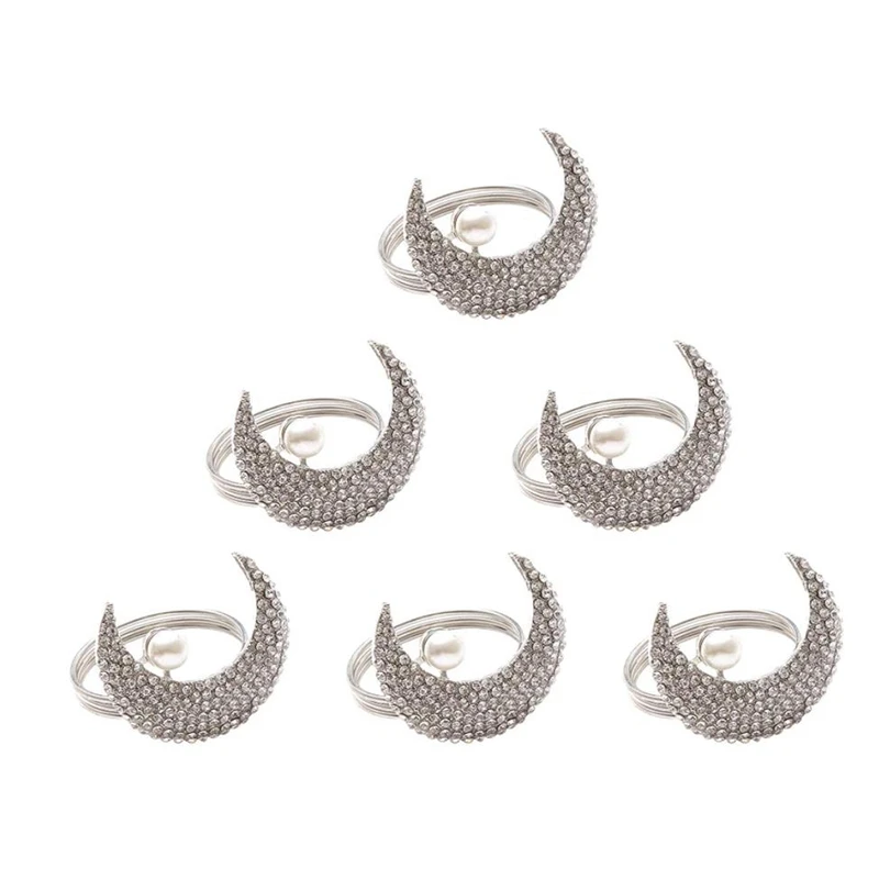 

6 Pcs Napkin Ring Moon Decorative Elegant Napkin Holder Rhinestone Napkin Buckle for Wedding Banquet Holiday Party,Etc