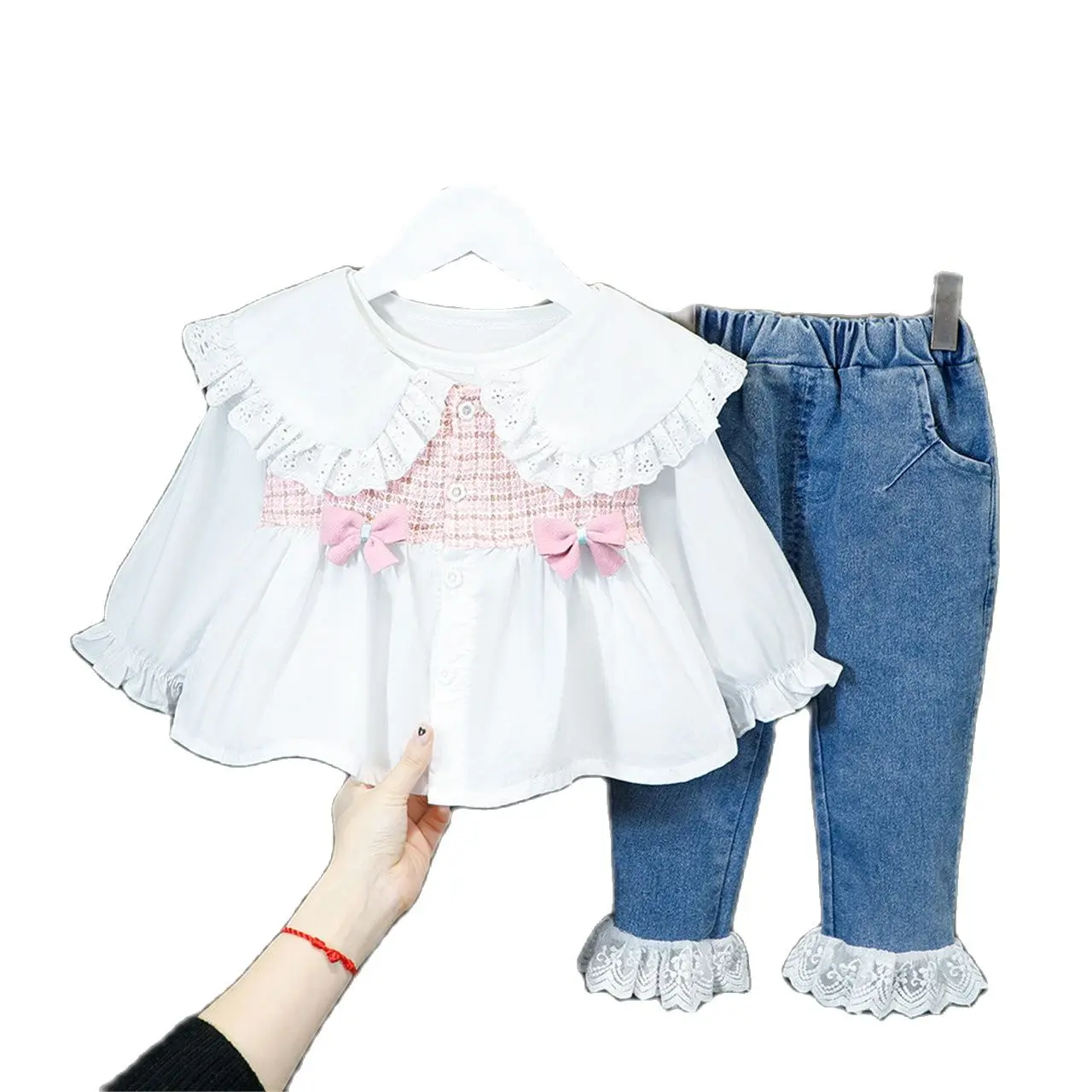

Long Sleeves Clothing Girls Dress Fashion Lotus Leaf Collar Shirt + Jeans 2 PCS/Set Children Costume for 1 2 3 4 Years Party