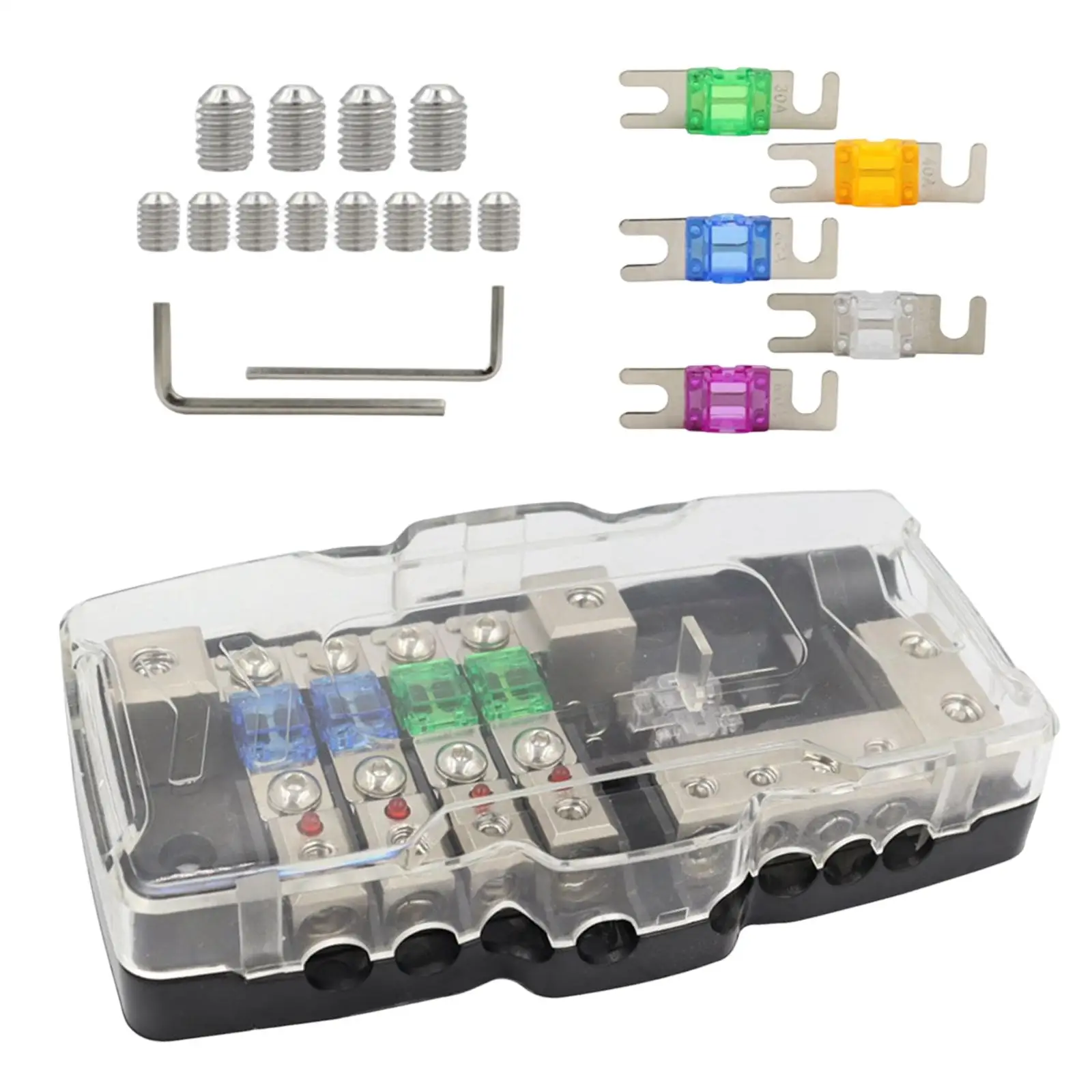 

Car Audio Distribution Fuse Block with Red LED Indicator 4 Way Fuse Power Distribution Block Fits for Car Easy to Install Parts