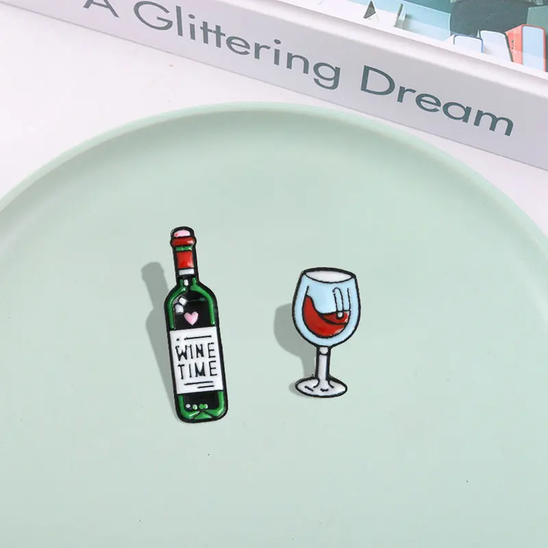 

10 PCS / LOT Grape wine and Glass Enamel pin WINE TIME brooches Bag Clothes Lapel Pin Button Badge Cartoon Jewelry