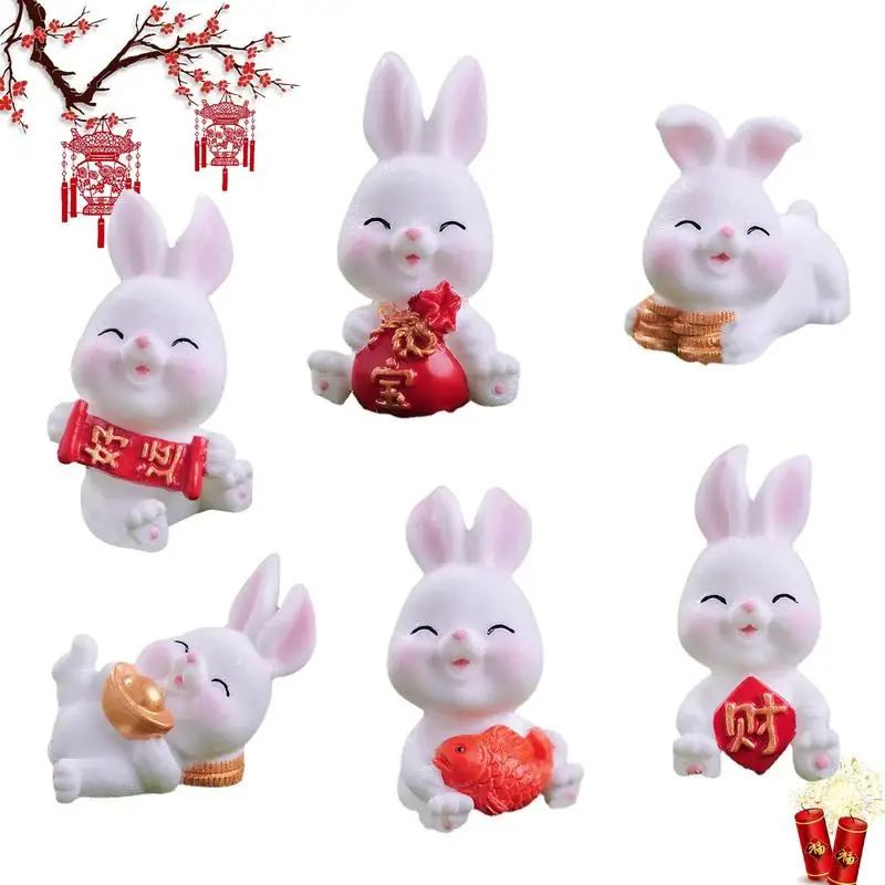 

New Year Bunny Figurines 6pcs Resin Rabbit Figures Fortune Miniature Bunny Figurine Model New Year Table Decoration Souvenir