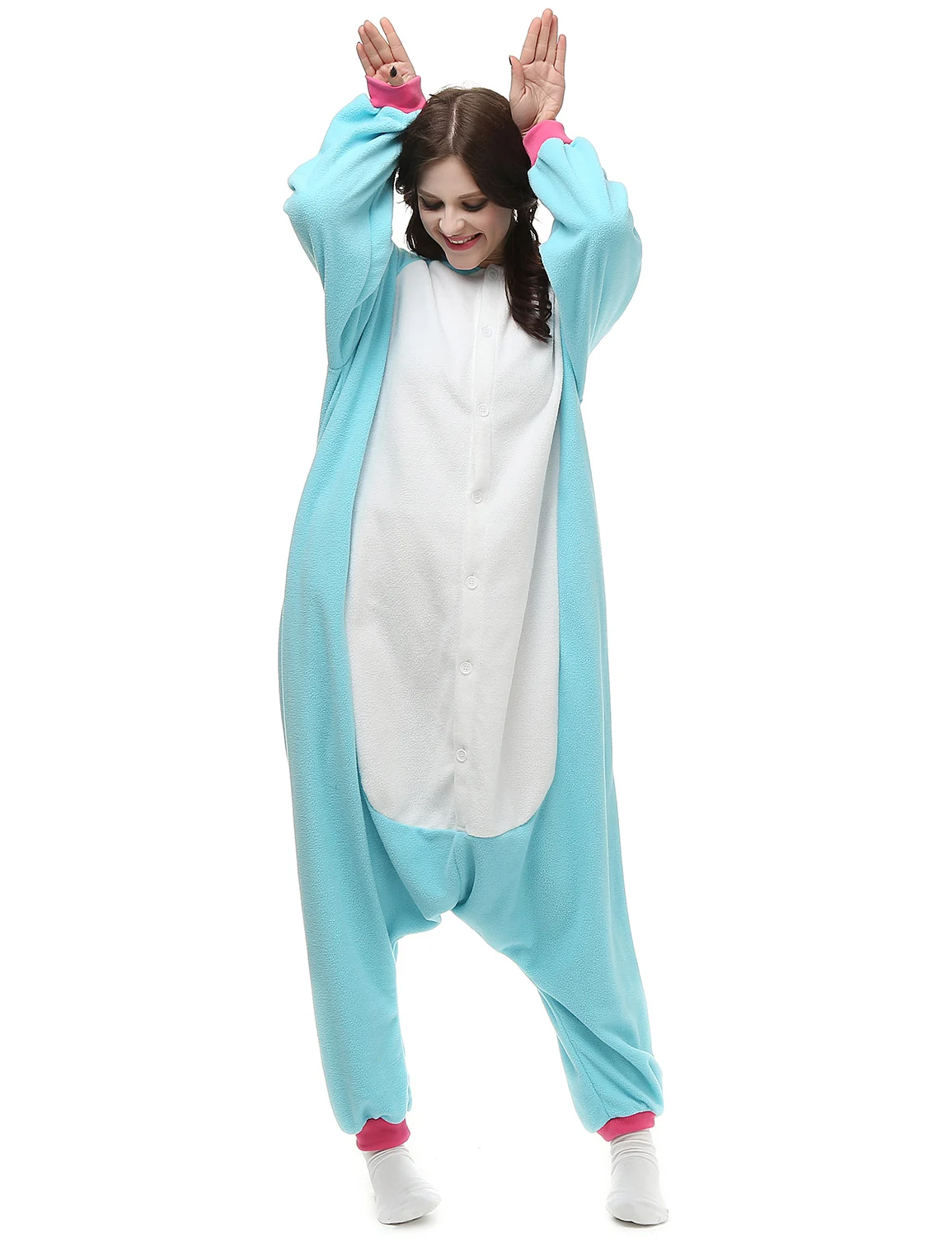 Blue Unicorn Animal Bodysuit Adult Pajamas Costume Cartoon Women Long Sleeved Hooded Fleece Pyjamas Homewear One Piece Jumpsuity