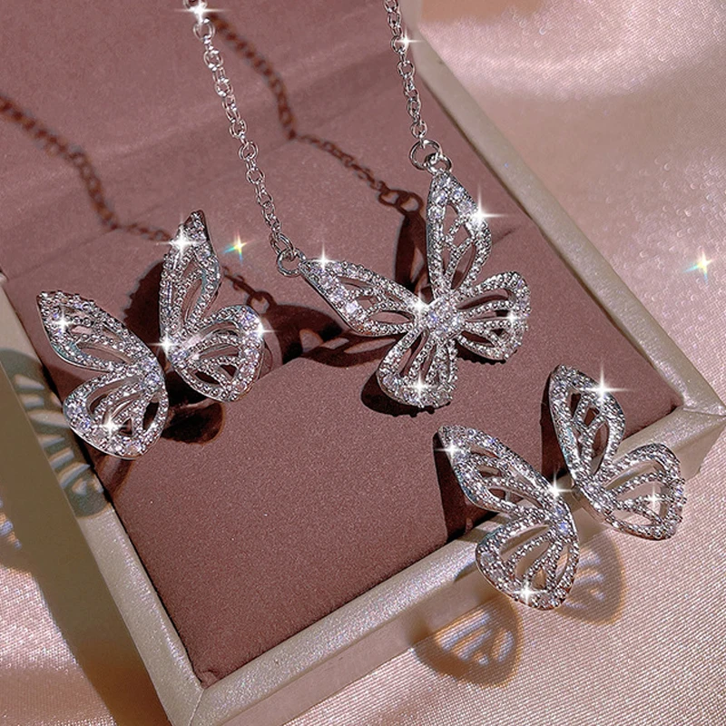 

Uilz 2022 New Women's Jewelry Three-piece Silver Butterfly Zircon Shape Earrings Necklace Adjustable Ring Party Jewelry Set