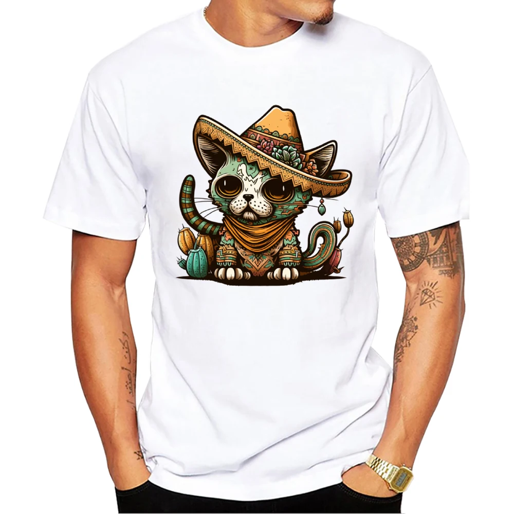 TEEHUB Oansatz Kurzarm Männlich Casual Männer Kleidung Vintage Streetwear Mexikanische Zucker Schädel Katze Sombrero Druck männer T-Shirt – Detail 2