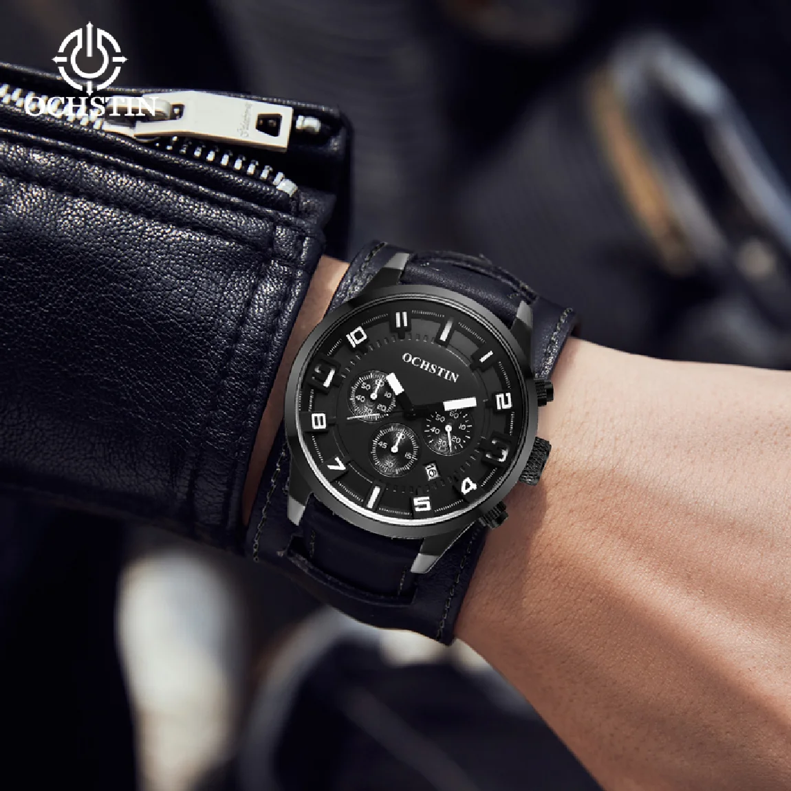 

OCHSTIN Brand Luxury Men Black Quartz Wristwatch for Male Fashion Chronograph Dial Leather Casual Sports Watch Relogio Masculino