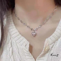 lmmcjj sweet cool pink diamond heart necklace for women fashion jewelry accessories ins korean style clavicle chain 2022