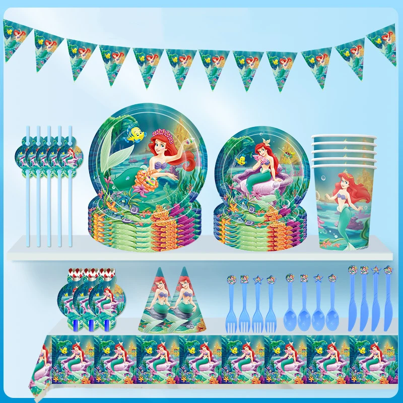 Disney темы русалки День Рождения украшения одноразовые столовые приборы из бумаги