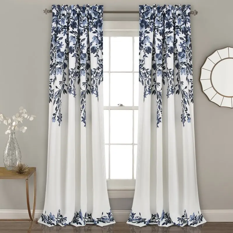 

Tanisha Room Darkening 95" x 52" + 2" Header Floral Navy 3" Rod Pocket Pair Window Panel Curtain