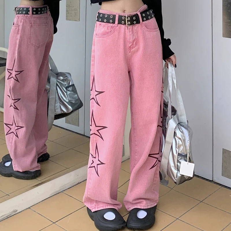 American Retro Pink Jeans Women Fashion Streetwear Star Print Wide Leg Pants Straight Denim Baggy Trousers Trend 2023 New