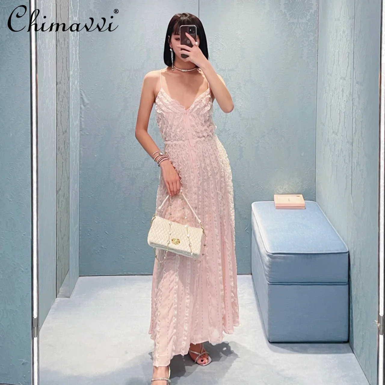 

Fashion Split Sexy V-neck Backless Single-Breasted Camisole Dress Ladies 2022 Summer New Diamond Lace Stitching Dress Women's