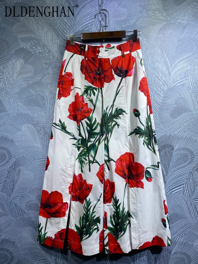 DLDENGHAN Spring Summer Women 100% Cotton Pants High Waist Flower Print Wide Leg Pants Fashion Designer New
