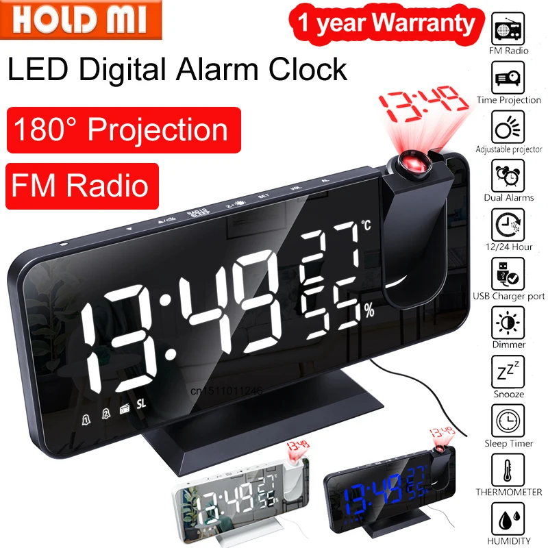 

LED Digital Alarm Clock Watch Table Electronic Desktop Clocks USB Wake Up FM Radio Time Projector Snooze Function 2 Alarm