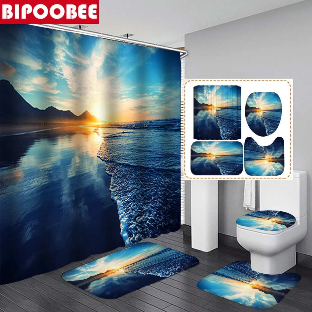 

Summer Beach Sunset Seascape Print Shower Curtains Bathroom Curtain Toilet Lid Cover Non-slip Carpet Bath Mats Rugs Home Decor