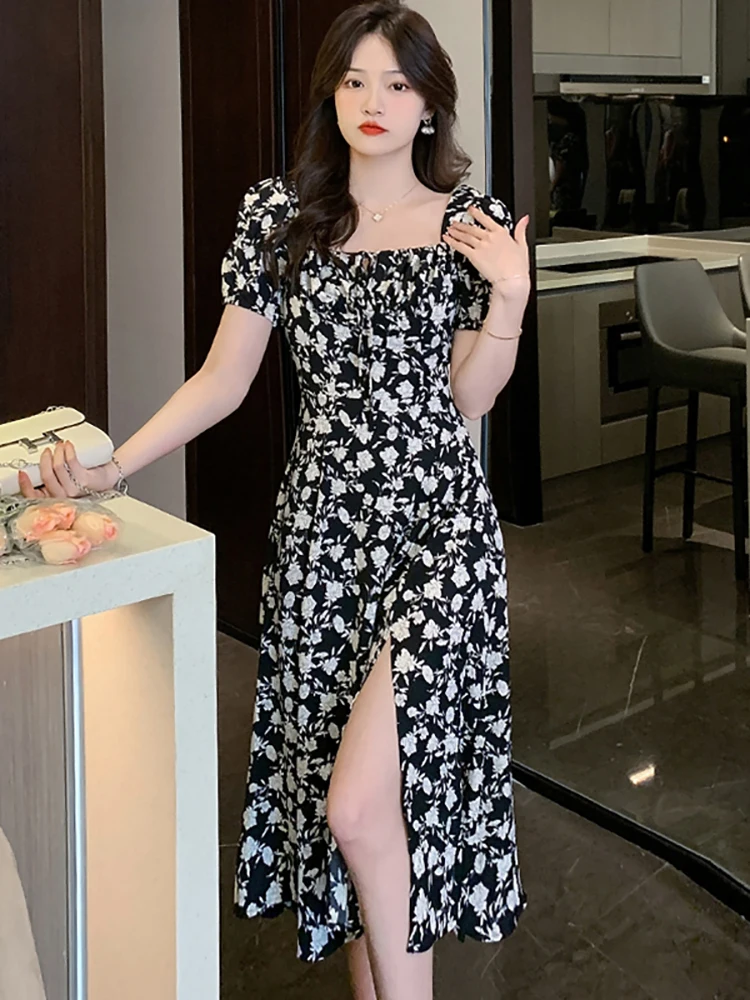 

Black Floral Chiffon Chic Bow Square Collar Midi Dress Women's Elegant Casual Dress for Summer 2023 Korean Vintage Hepburn Dress