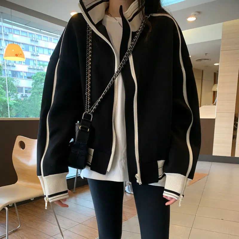 

2022 Spring Autumn High-quality Women Korean Version Zip Up Loose Sweatshirts Casual Long Sleeve Hooded Sweatshirt Coats Q326
