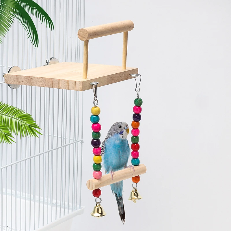 

Bird Swing Toy Wooden Swing Parrot Perch Stand Playstand With Chewing Beads Cage Playground For Budgie Birds