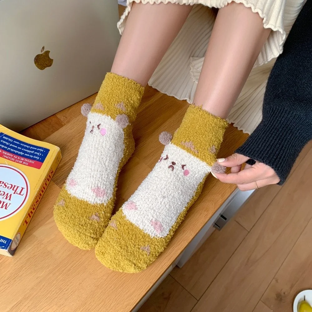 5 Pairs New Cute Hedgehog Coral Fleece Sleeping Floor Socks Three-dimensional Embroidery Cartoon Furry Sweet Beauty Women Socks