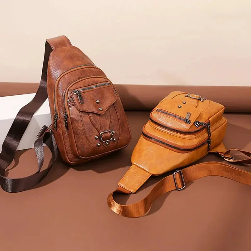

Women 2023 Handbags PU Vintage Bags Designer Messenger Female Women Chest Crossbody Chest Pack Pouch Retro Shoulder Leather