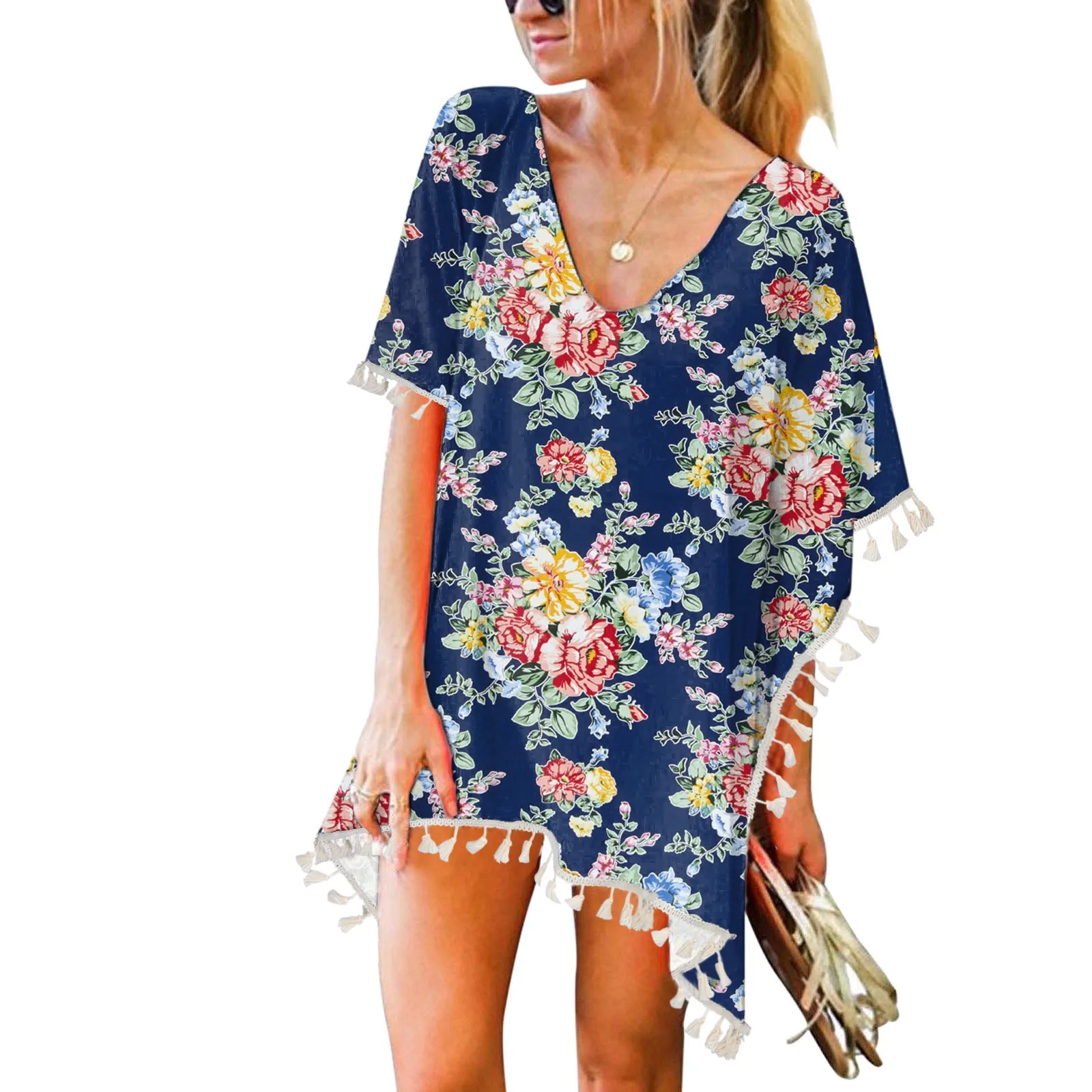 

Шифоновая пляжная одежда с кисточками, женский купальник с цветочным принтом, накидка, купальный костюм, купальные костюмы, Летнее мини-пла...