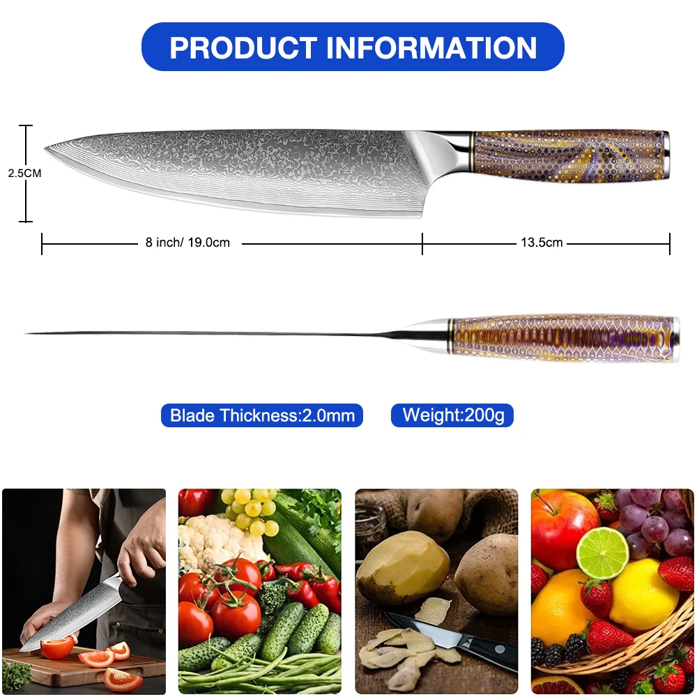 Дамасский нож шеф-повара японский стальной VG10 8-дюймовый острый кухонный для
