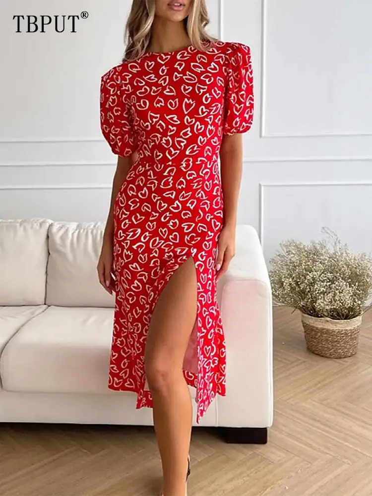 

Fashion Heart Print Split Dress Women Sexy O Neck Short Sleeve Midi Dresses 2023 Summer Chic Female Party Vacation Vestidos