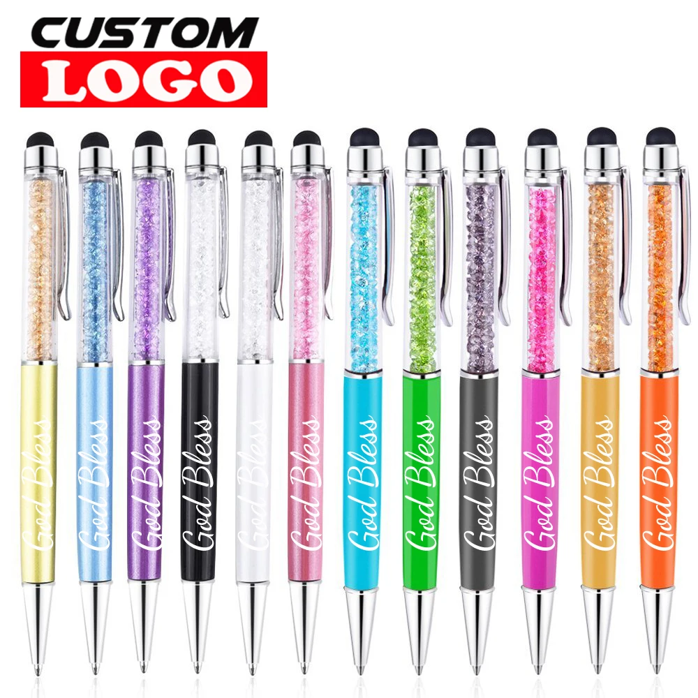 100pcs 2 In 1 Metal Roller Ballpoint Pen Crystal Diamond Screen Capacitive Touch Stylus Universal Free Custom Logo