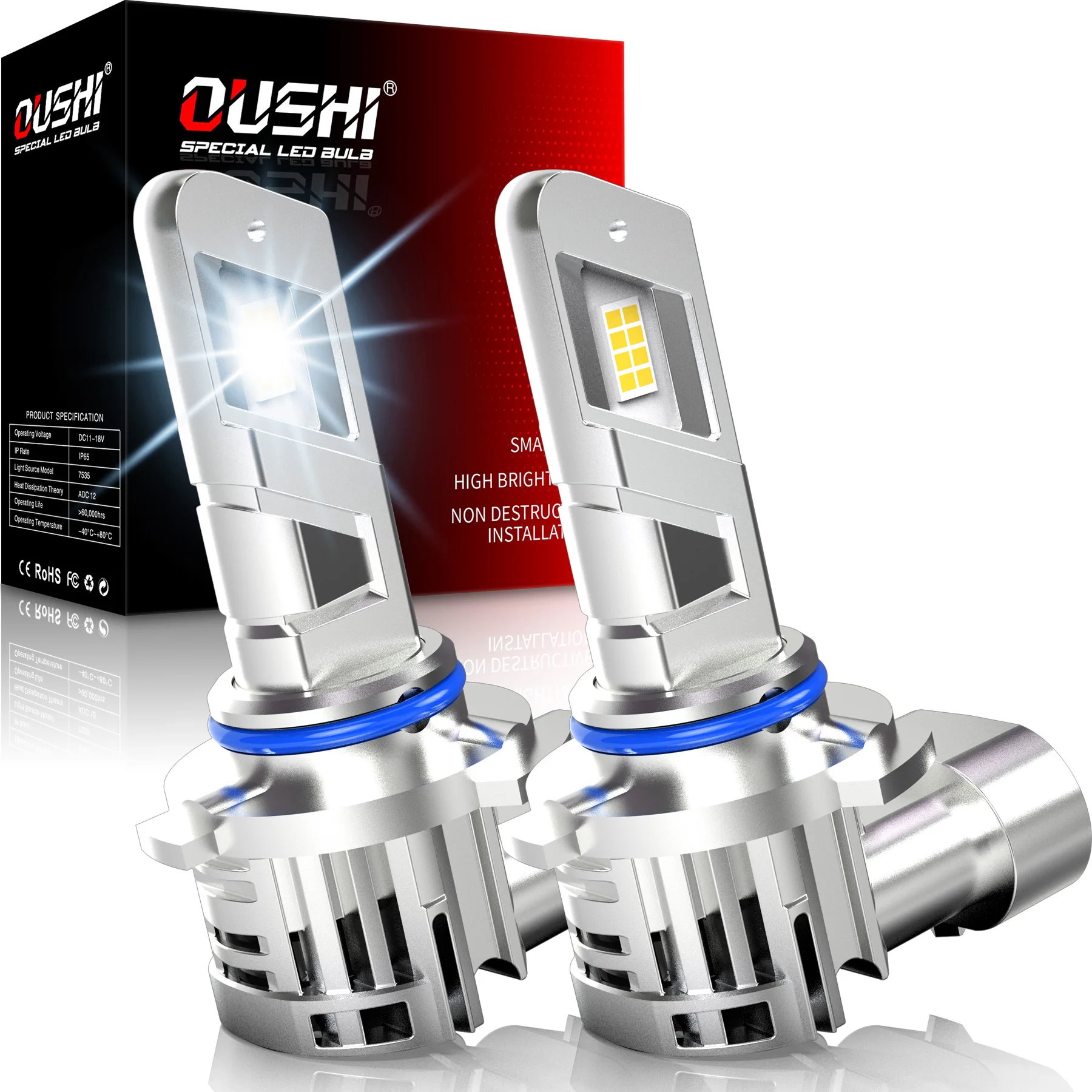 Фото OUSHI 2 шт. 9012 HIR2 светодиодные автомобильные фары дневные ходовые огни 6000K белые высокой мощности постоянного тока 12 В с вентилятором для Chevrolet Impala №1