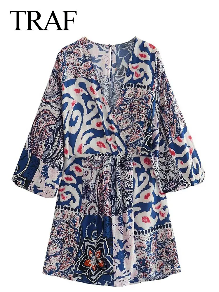 

TRAF 2023 Summer Women's Fashion Casual Bohemia High Waist Slim Short Jumpsuit Women V-Neck Short Sleeve Blue Print Jumpsuit