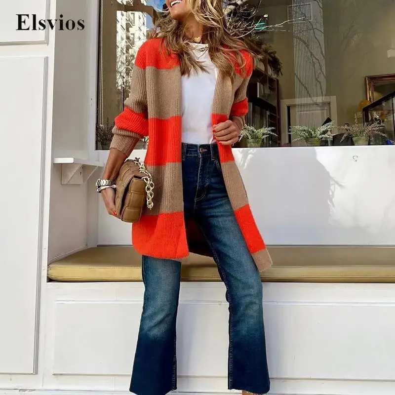 

Office Ladies Casual Knitted Cardigan Autumn Fashion Patchwork Striped Sweater Coat Women Elegant Long Sleeve Loose Outwear Tops