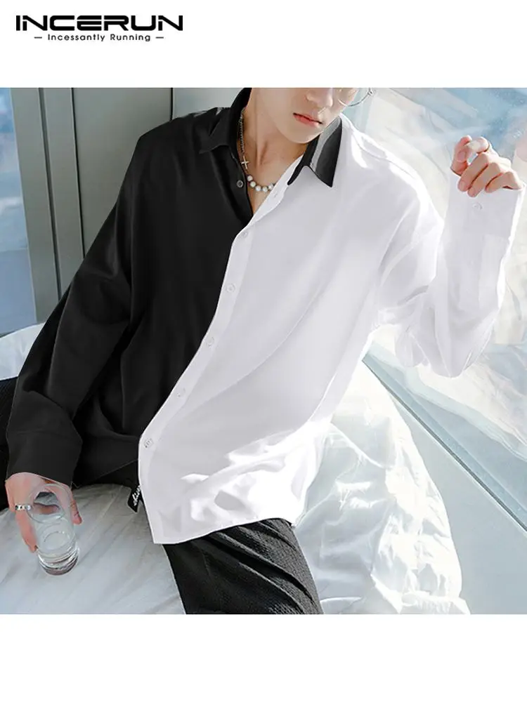 

INCERUN Handsome Well Fitting Tops New Men Stitching Color Button Long Sleeve Shirts Fancy Collared Streetwear Blouse S-5XL 2022