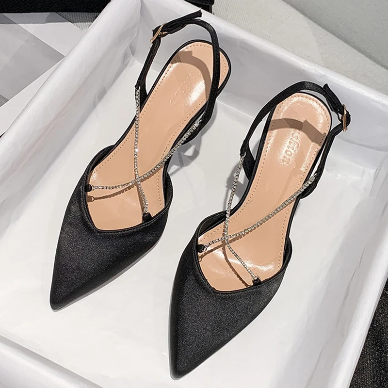 

Comemore 2022 Luxury Rhinestones Silk Sandals Women Stiletto Sexy High Heels Slingback Pointed Toe Party Pumps Medium Heel Shoes