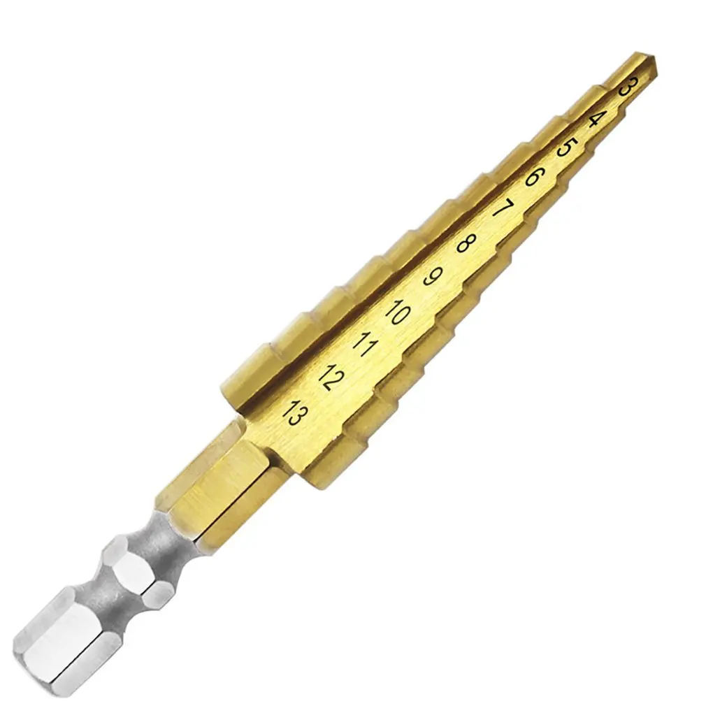 

3-13MM Step Cone Drill Bit Titanium Plated Spiral Groove Hex Shank Hole Cutter Ladder Drill Bits High Speed Steel