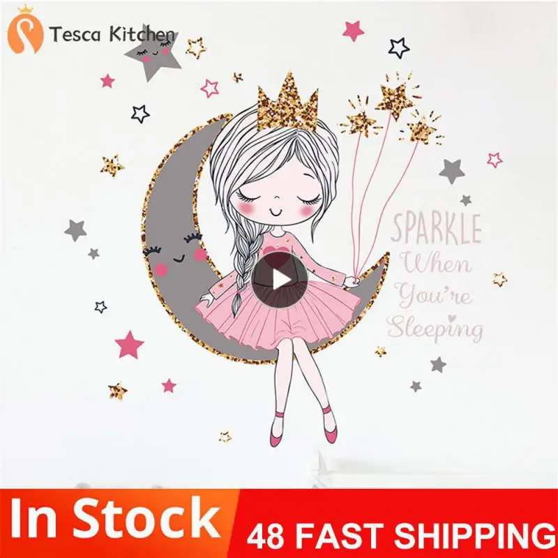 

Decorative Wallpaper For Girls Bedroom Mermaid Flower Fairy Butterfly Luminous Moon Wall Sticker Beautiful Cartoon Sticker