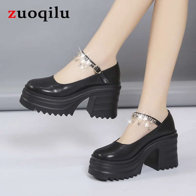 

platform heels chunky strap Mary Janes shoes woman leather rhinestone thick heel pumps for women sandals high heels