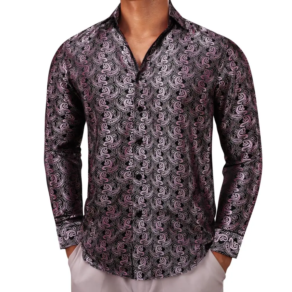 

Designer Shirts for Men Silk Long Sleeve Pink Black Paisley Slim Fit Male Blouses Casual Formal Tops Breathable Barry Wang