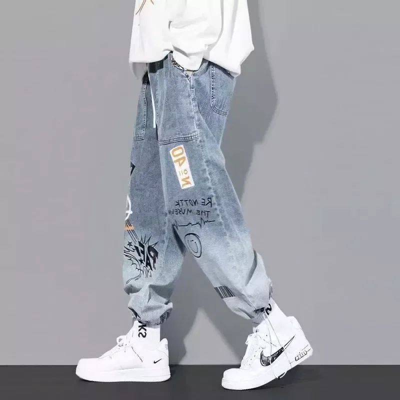 2022New Korean Version of Jeans Men's Autumn New Letter Print Jeans Men's Trendy Brand Loose Cartoon Graffiti Drawstring