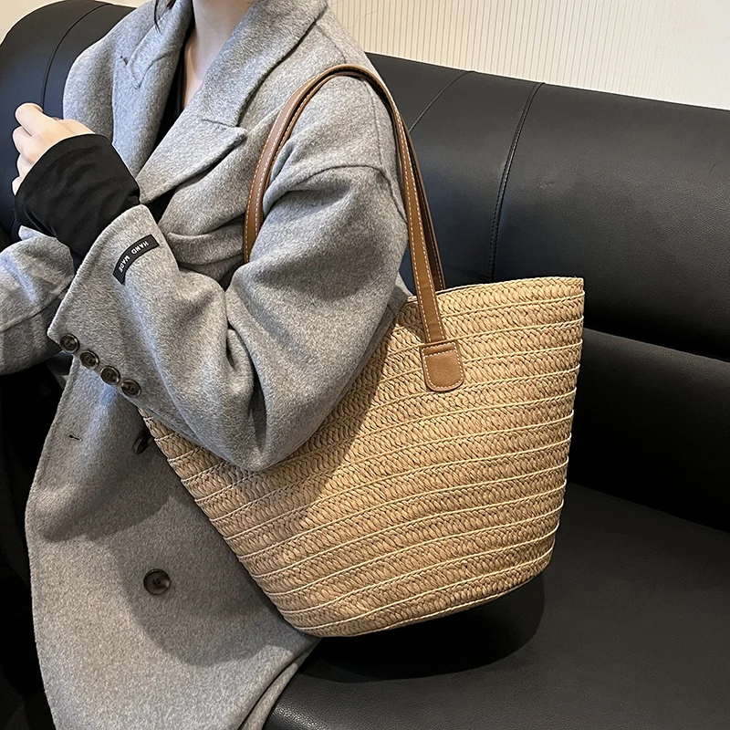 Summer Straw Bag Large Capacity Casual Tote Women Simple Solid Vacation Beach Bag Designer Shoulder Bags Top-Handle Bags Handbag