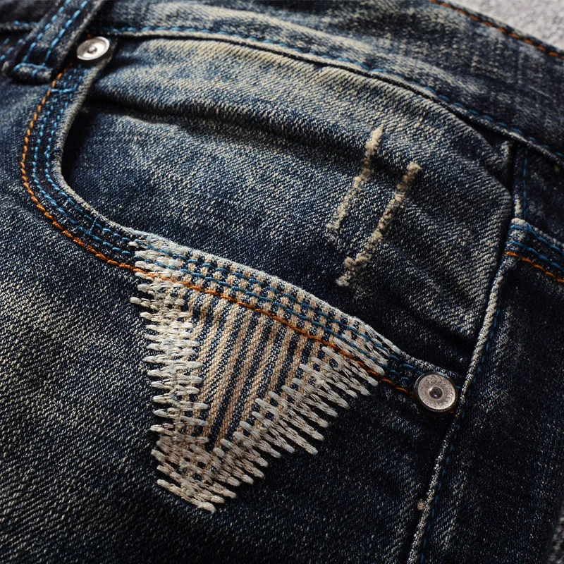 Newly Designer Fashion Men Jeans High Quality Retro Black Blue Elastic Slim Fit Ripped Jeans Men Patched Vintage Denim Pants