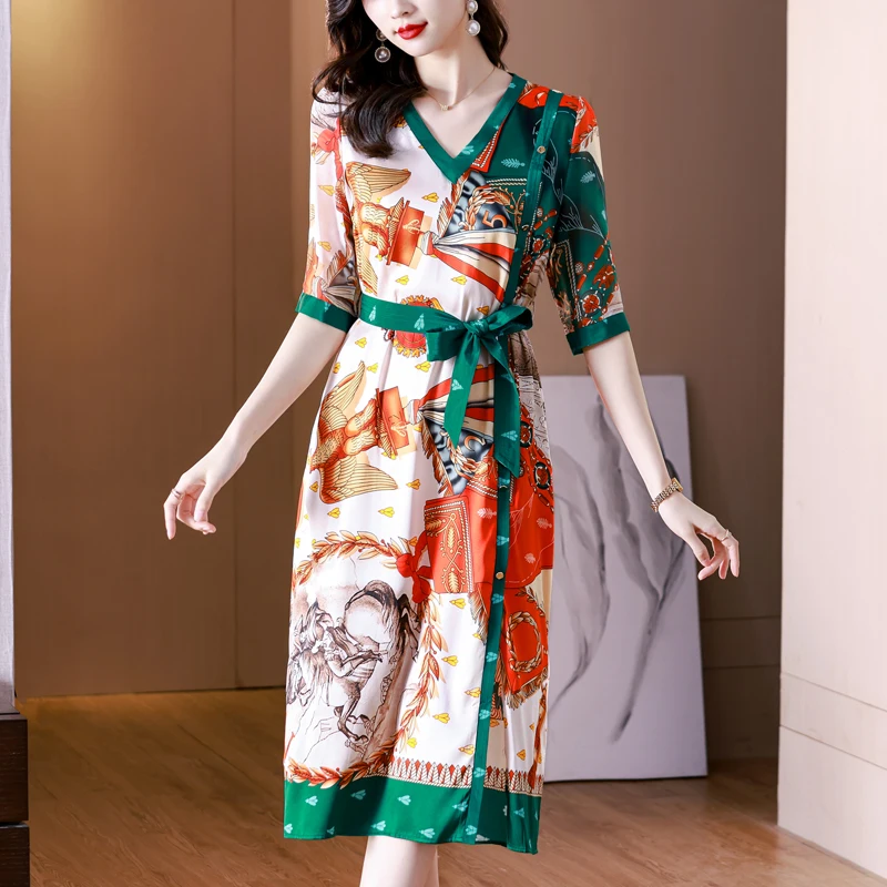 

Платье-миди женское шелковое с V-образным вырезом и принтом