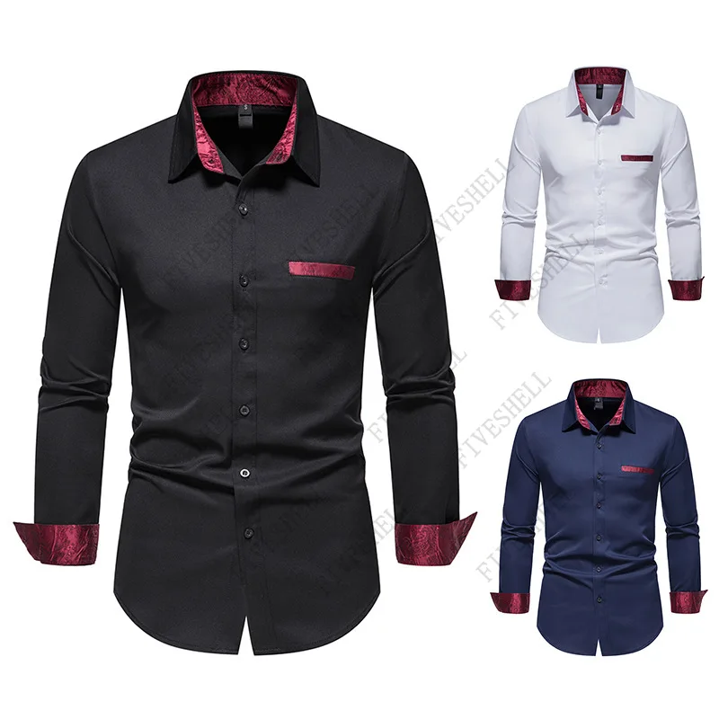 2023 Black Patchwork Paisley Shirt Men Business Slim Fit Long Sleeve Dress Shirt Mens Button Up Shirts Camisa Masculina