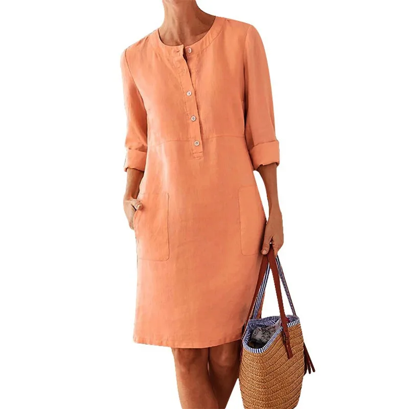 Full 2022 Lady Turtleneck Dress Women Cotton Linen Style Dress Single Breasted Natural Fiber fabric Causal S-5XL