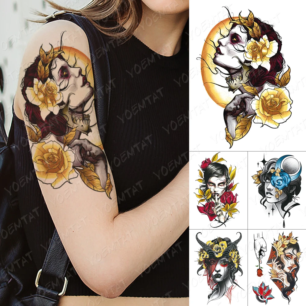 

Waterproof Temporary Tattoo Stickers Long Hair Beauty Peony Rose Crescent Body Art Shoulder Fake Tatoo Men Women Dark Tattoos