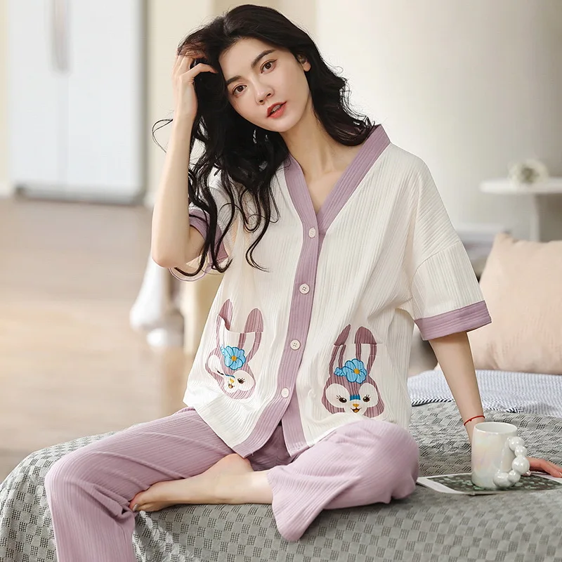 Новинка хлопковый летний кардиган с коротким рукавом длинные штаны Женский