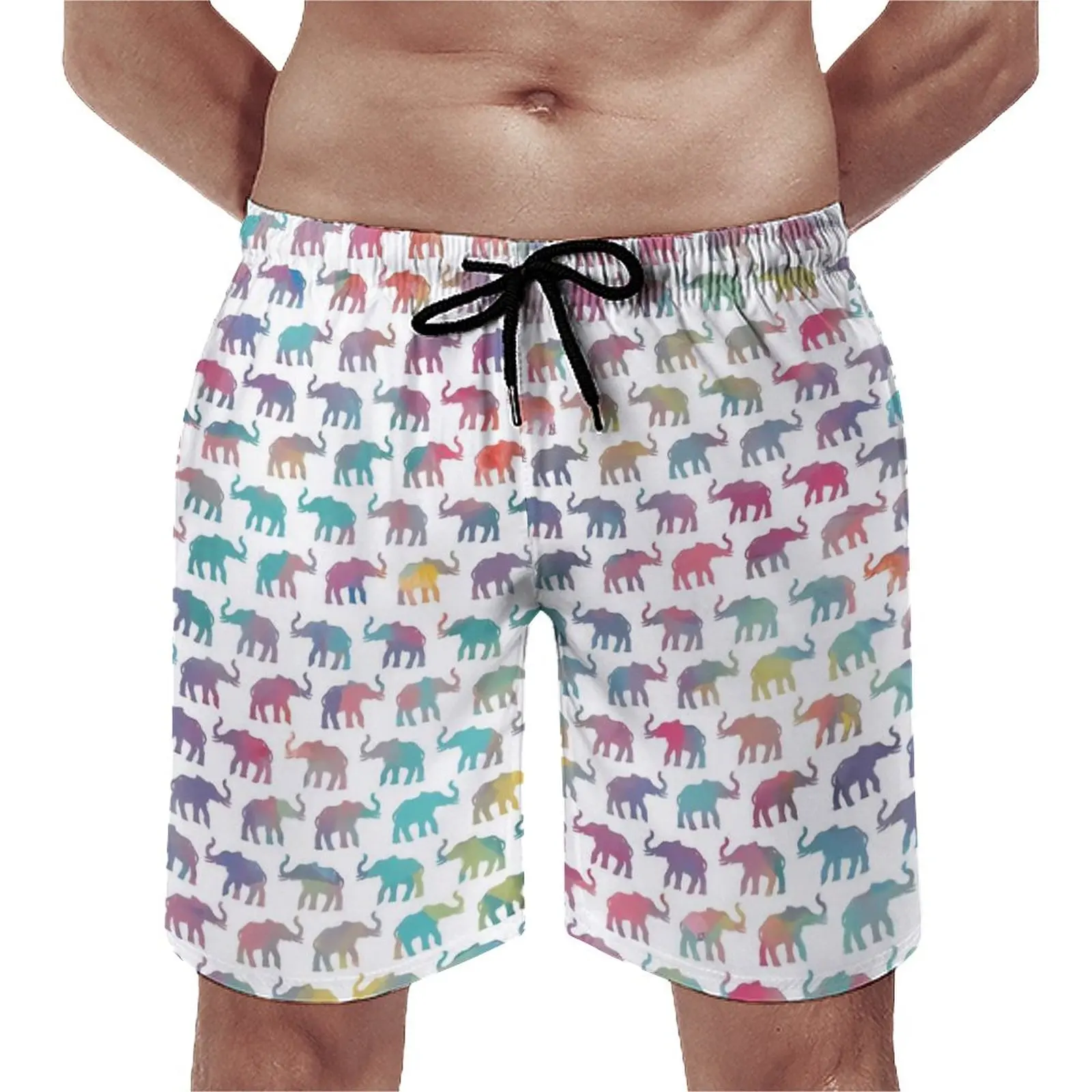 

Colorful Elephant Board Shorts Elephants on Parade in Watercolor Men Funny Board Short Pants Hot Design Plus Size Swim Trunks