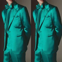 elegant silk stain men suits 2 pieces green peaked lapel one button jacket blazer pant custom made party wedding prom tuexdos