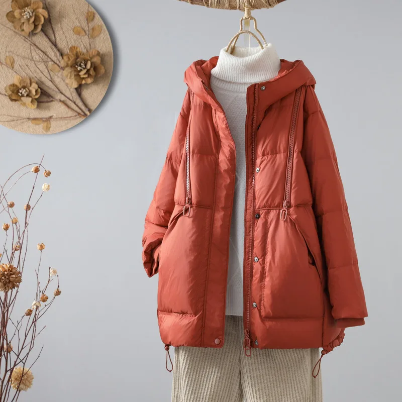 

White Duck Down Coat for Women, Loose, Medium Long, Thick, Hooded, Warm, New, Winter, 2023