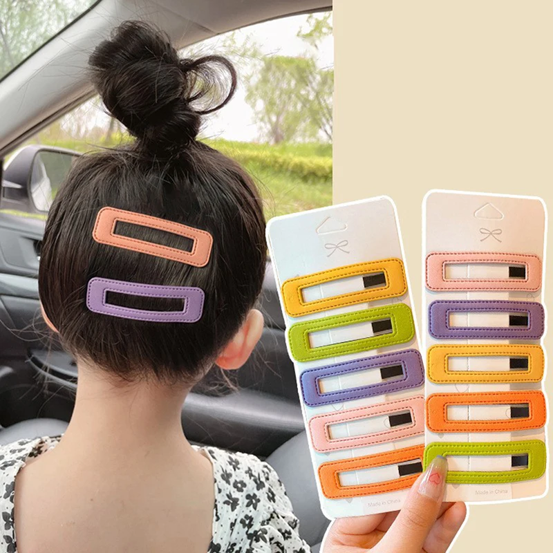 

5pcs Hairpins for Girls Leather Rectangle Solid Color Hair Clips for Kids Snap Hair Clips Hairpins Hairgrips Accessories
