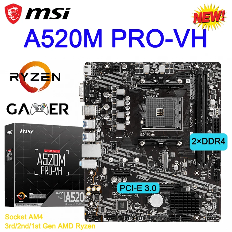 

AMD Ryzen MSI A520M PRO-VH Motherboard Socket AM4 Dual Channel DDR4 64GB PCI-E 3.0 Support Office Micro ATX GAMING Mainboard New